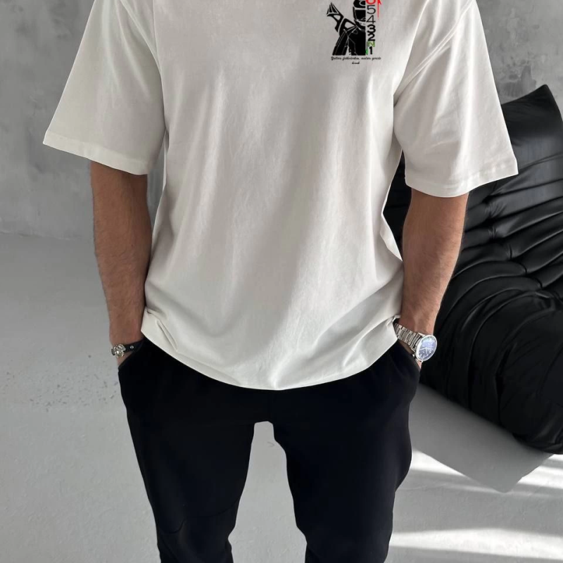 Bisiklet Yaka Baskılı Oversize T-Shirt - Beyaz -