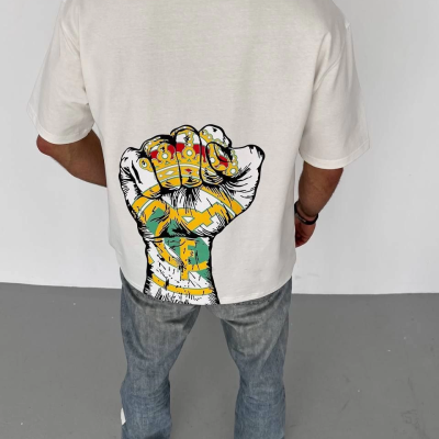 Bisiklet Yaka Baskılı Oversize T-Shirt - Beyaz -