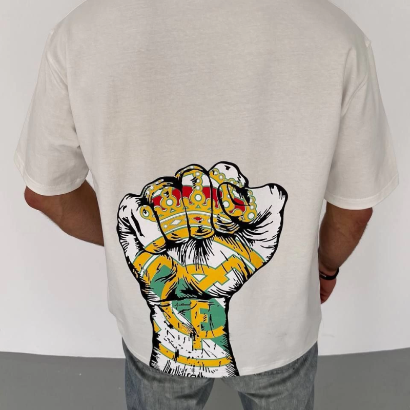 Bisiklet Yaka Baskılı Oversize T-Shirt - Beyaz -