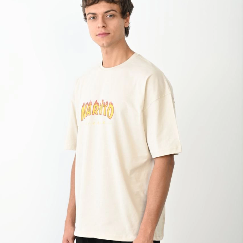 Bisiklet Yaka Baskılı Oversize T-Shirt - Beyaz -