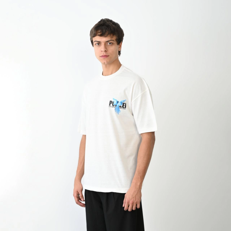 Bisiklet Yaka Baskılı Oversize T-Shirt - Beyaz -