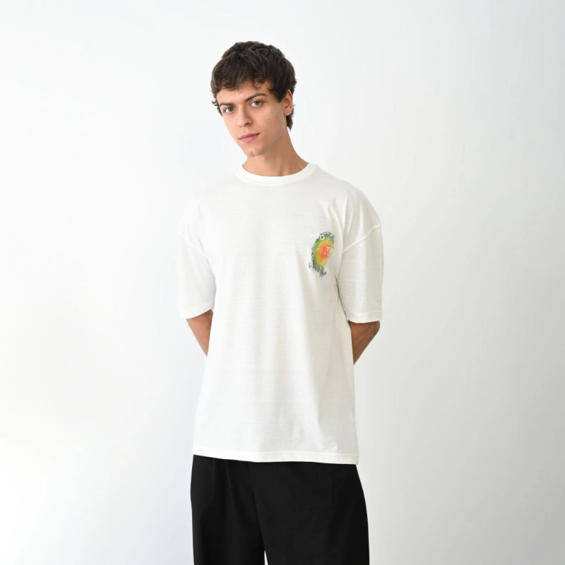 Bisiklet Yaka Baskılı Oversize T-Shirt - Beyaz -