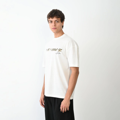 Bisiklet Yaka Baskılı Oversize T-Shirt - Beyaz -