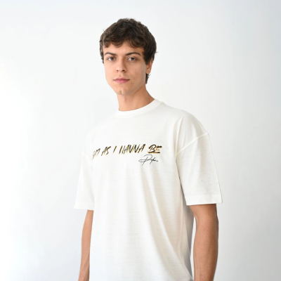 Bisiklet Yaka Baskılı Oversize T-Shirt - Beyaz -