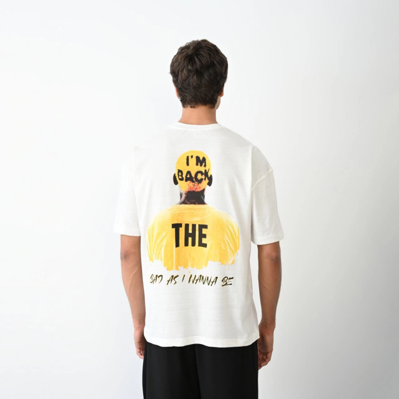 Bisiklet Yaka Baskılı Oversize T-Shirt - Beyaz -