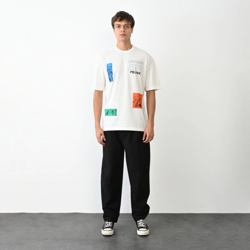 Bisiklet Yaka Baskılı Oversize T-Shirt - Beyaz -