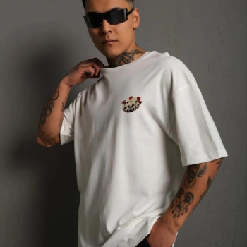 Bisiklet Yaka Baskılı Oversize T-Shirt - Beyaz -