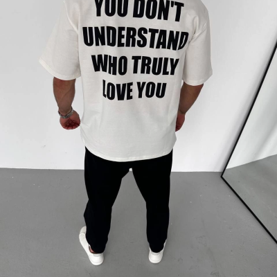 Bisiklet Yaka Baskılı Oversize T-Shirt - Beyaz -