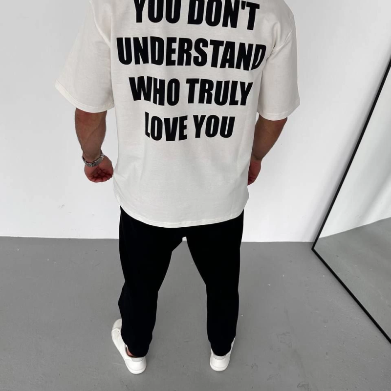 Bisiklet Yaka Baskılı Oversize T-Shirt - Beyaz -