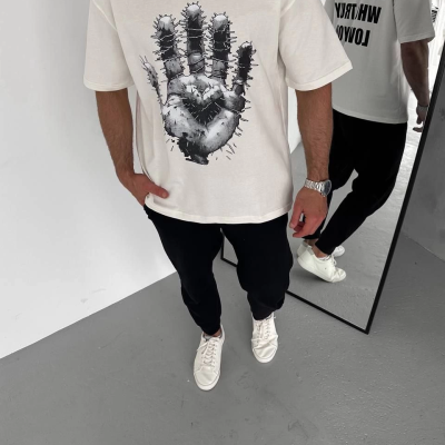 Bisiklet Yaka Baskılı Oversize T-Shirt - Beyaz -