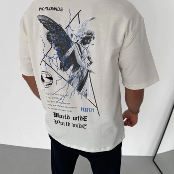 Bisiklet Yaka Baskılı Oversize T-Shirt - Beyaz -