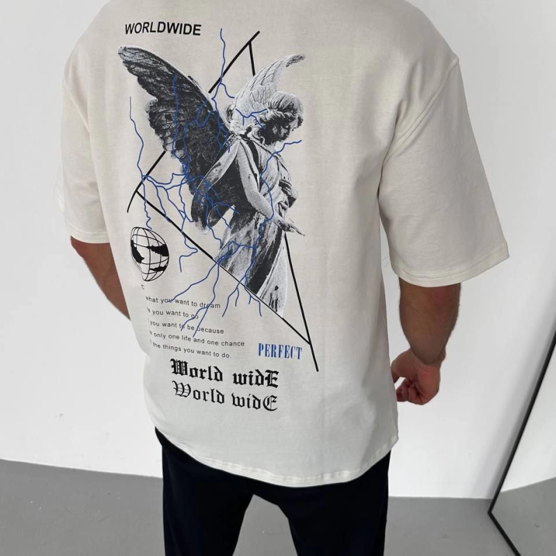 Bisiklet Yaka Baskılı Oversize T-Shirt - Beyaz -