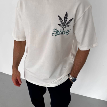 Bisiklet Yaka Baskılı Oversize T-Shirt - Beyaz -