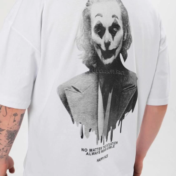 Bisiklet Yaka Baskılı Oversize T-Shirt - Beyaz -