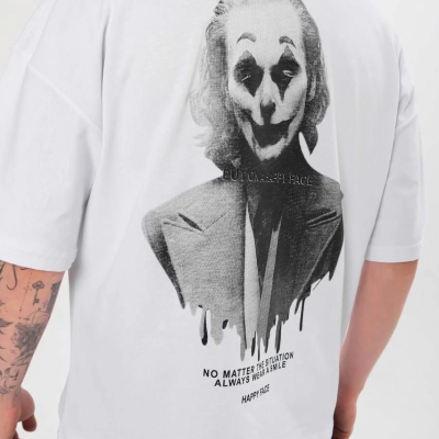 Bisiklet Yaka Baskılı Oversize T-Shirt - Beyaz -