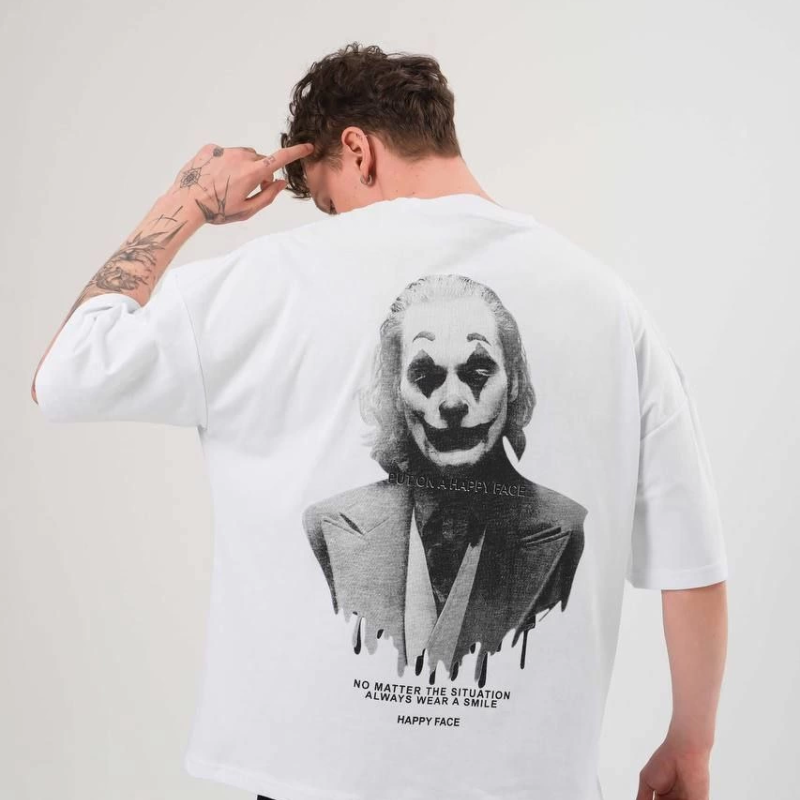 Bisiklet Yaka Baskılı Oversize T-Shirt - Beyaz -