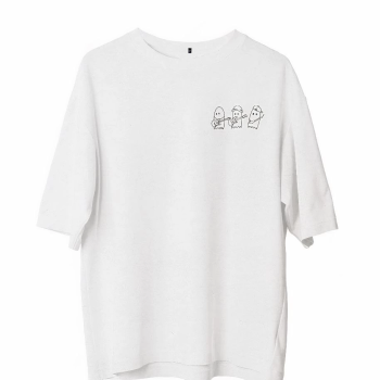 Bisiklet Yaka Baskılı Oversize T-Shirt - Beyaz -