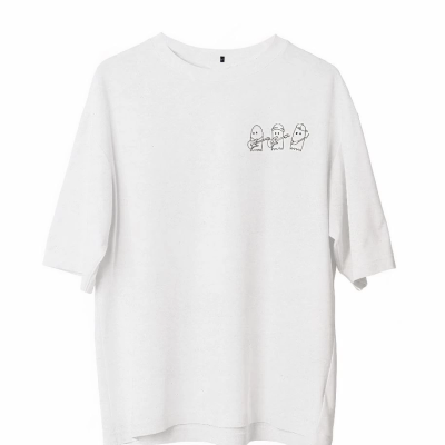 Bisiklet Yaka Baskılı Oversize T-Shirt - Beyaz -