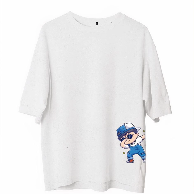 Bisiklet Yaka Baskılı Oversize T-Shirt - Beyaz -