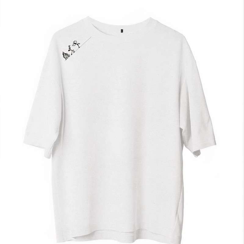 Bisiklet Yaka Baskılı Oversize T-Shirt - Beyaz -