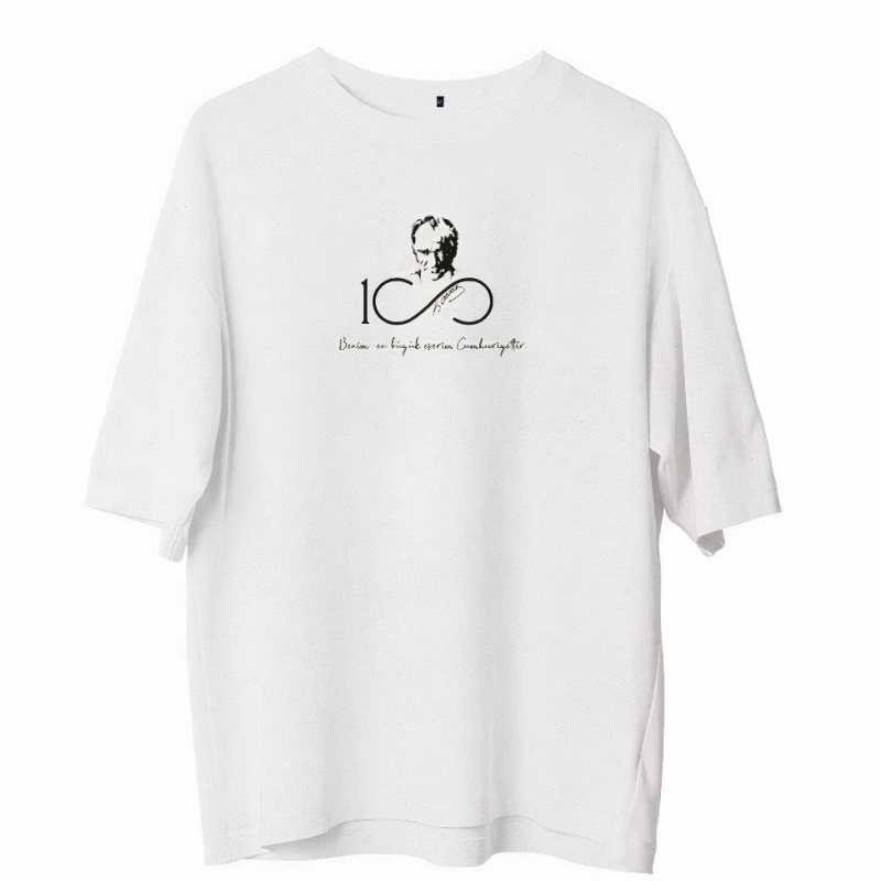 Bisiklet Yaka Baskılı Oversize T-Shirt - Beyaz -