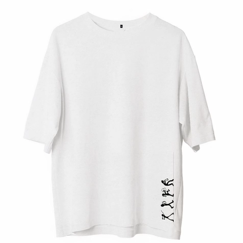 Bisiklet Yaka Baskılı Oversize T-Shirt - Beyaz -