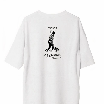 Bisiklet Yaka Baskılı Oversize T-Shirt - Beyaz