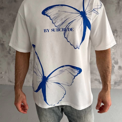 Bisiklet Yaka Baskılı Oversize T-Shirt - Beyaz