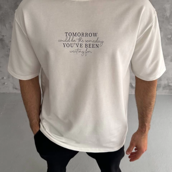 Bisiklet Yaka Baskılı Oversize T-Shirt - Beyaz -