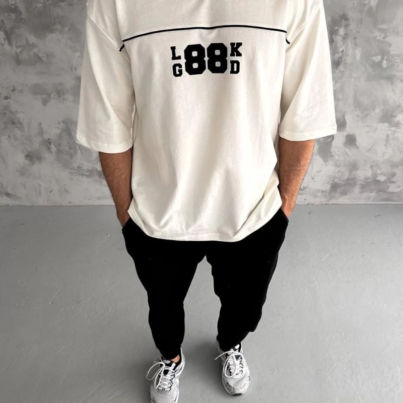 Bisiklet Yaka Baskılı Oversize T-Shirt - Beyaz