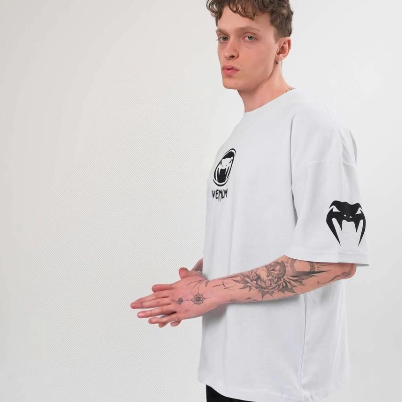 Bisiklet Yaka Baskılı Oversize T-Shirt - Beyaz -