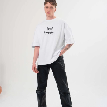 Bisiklet Yaka Baskılı Oversize T-Shirt - Beyaz -