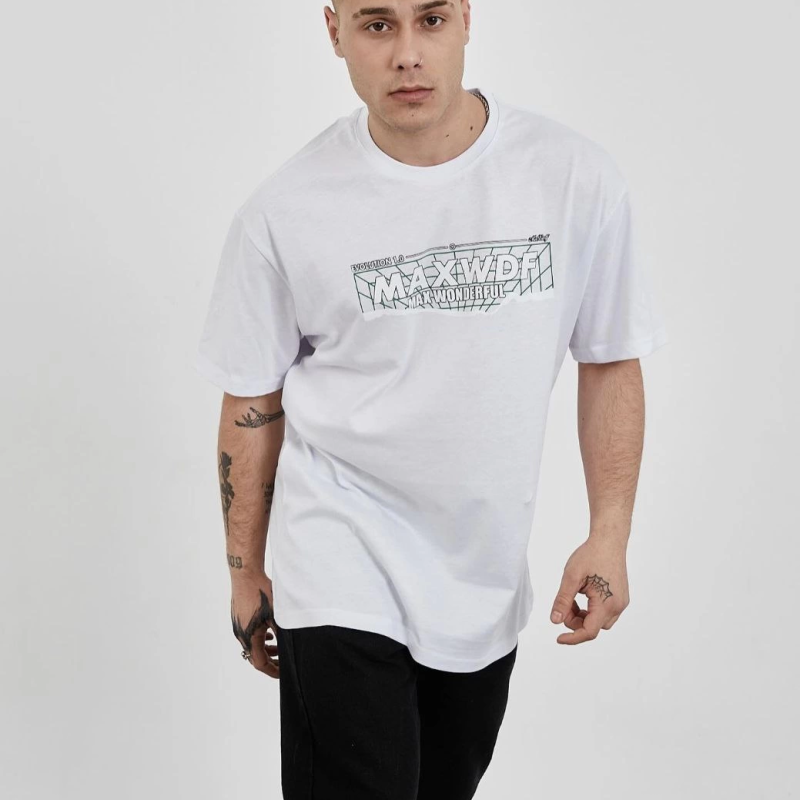 Bisiklet Yaka Baskılı Oversize T-Shirt - Beyaz