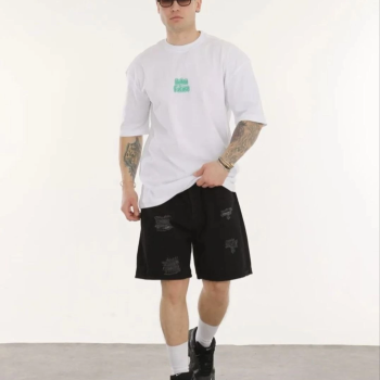 Bisiklet Yaka Baskılı Oversize T-Shirt - Beyaz