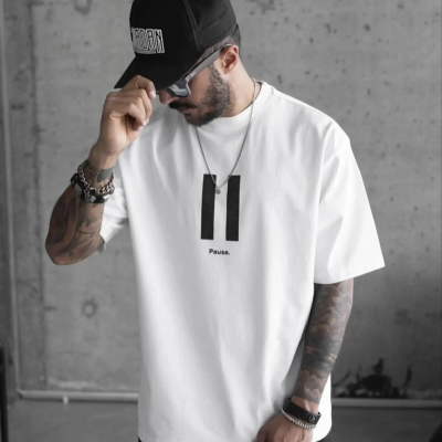 Bisiklet Yaka Baskılı Oversize T-Shirt - Beyaz -