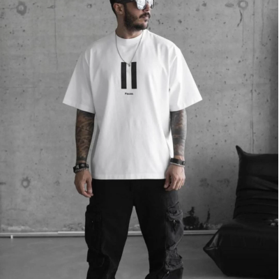 Bisiklet Yaka Baskılı Oversize T-Shirt - Beyaz -