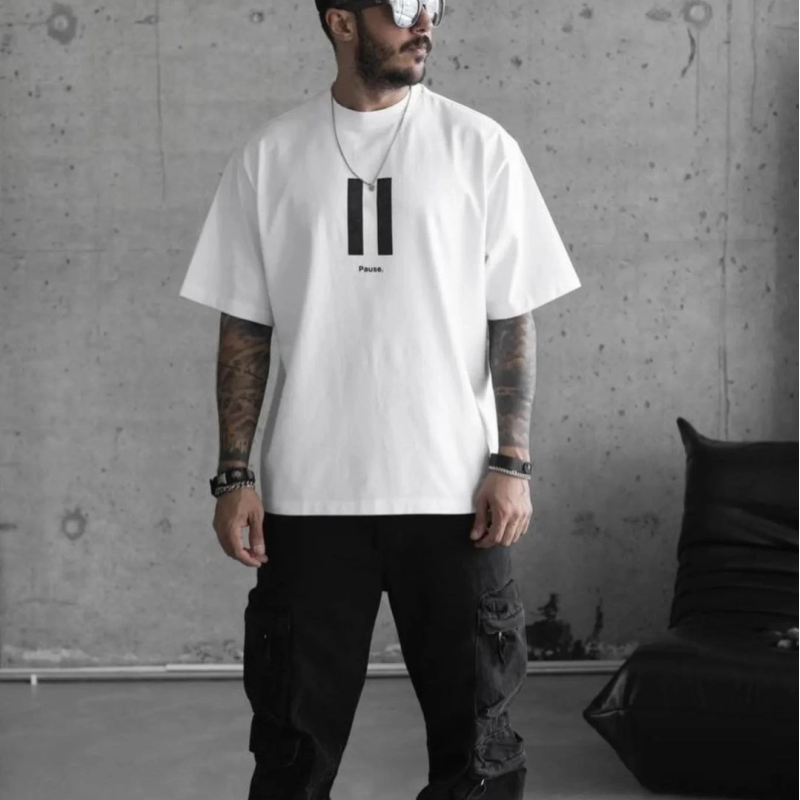 Bisiklet Yaka Baskılı Oversize T-Shirt - Beyaz -