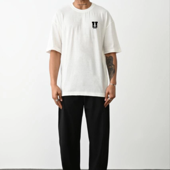 Bisiklet Yaka Baskılı Oversize T-Shirt - Beyaz -