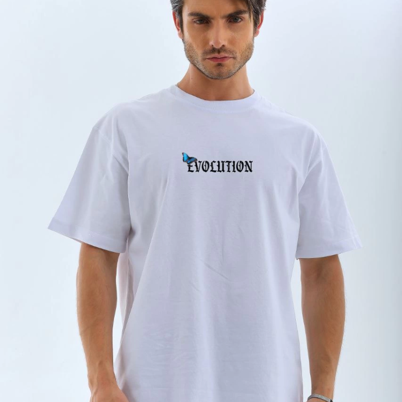 Bisiklet Yaka Baskılı Oversize T-Shirt - Beyaz -