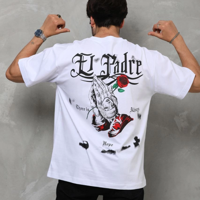 Bisiklet Yaka Baskılı Oversize T-Shirt - Beyaz -