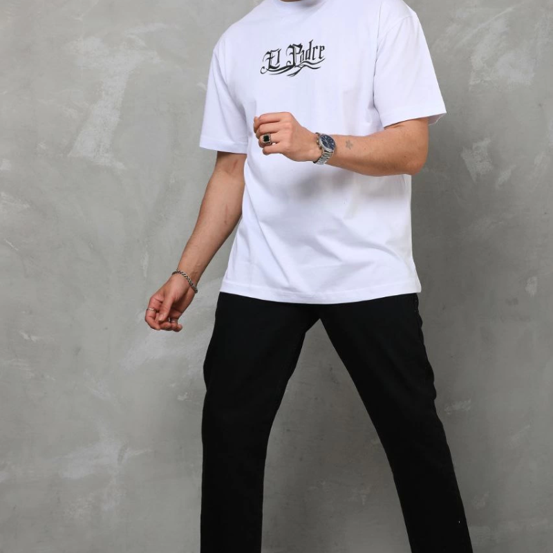 Bisiklet Yaka Baskılı Oversize T-Shirt - Beyaz -