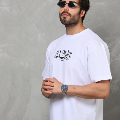Bisiklet Yaka Baskılı Oversize T-Shirt - Beyaz -
