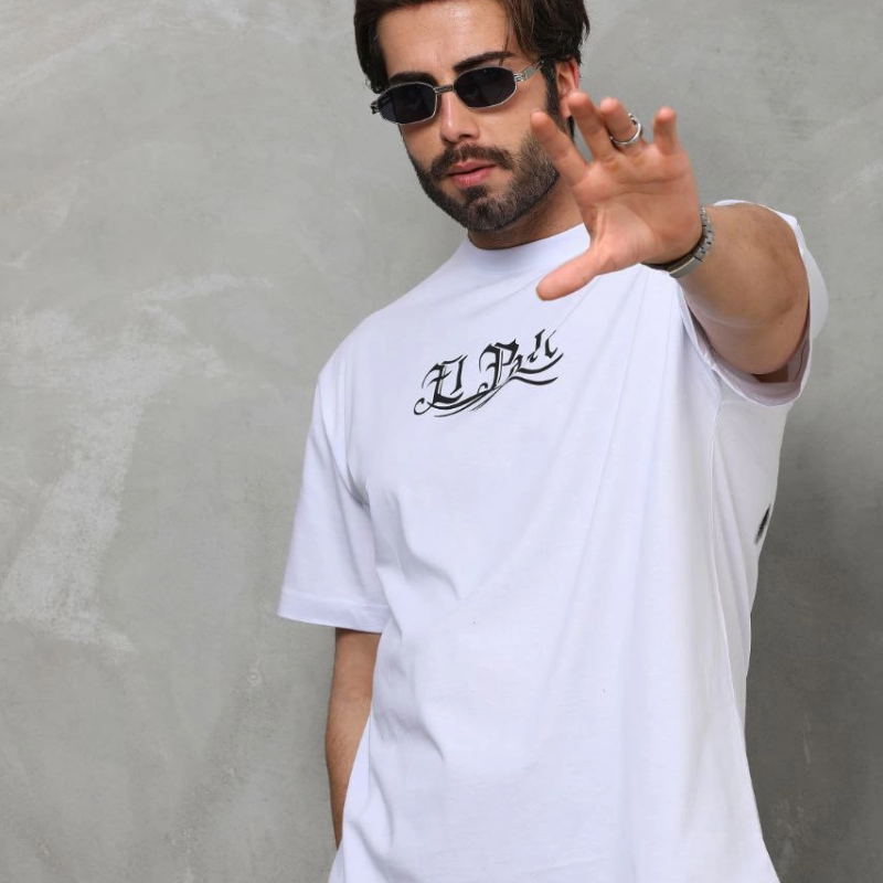 Bisiklet Yaka Baskılı Oversize T-Shirt - Beyaz -
