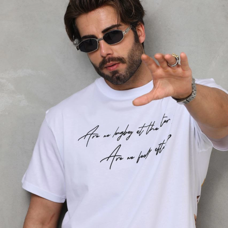 Bisiklet Yaka Baskılı Oversize T-Shirt - Beyaz