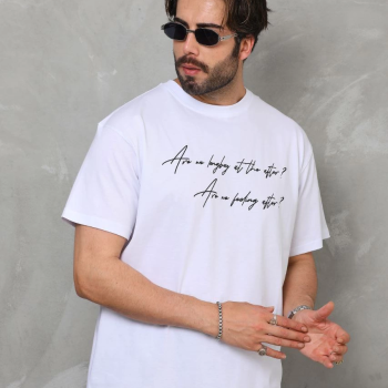 Bisiklet Yaka Baskılı Oversize T-Shirt - Beyaz