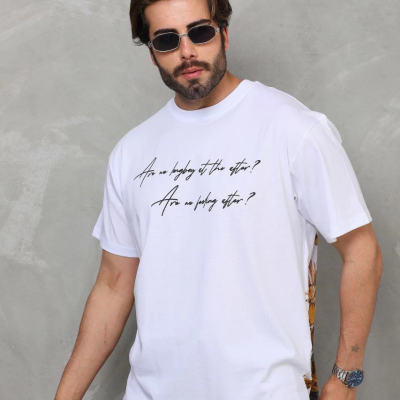 Bisiklet Yaka Baskılı Oversize T-Shirt - Beyaz