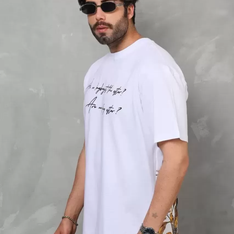 Bisiklet Yaka Baskılı Oversize T-Shirt - Beyaz