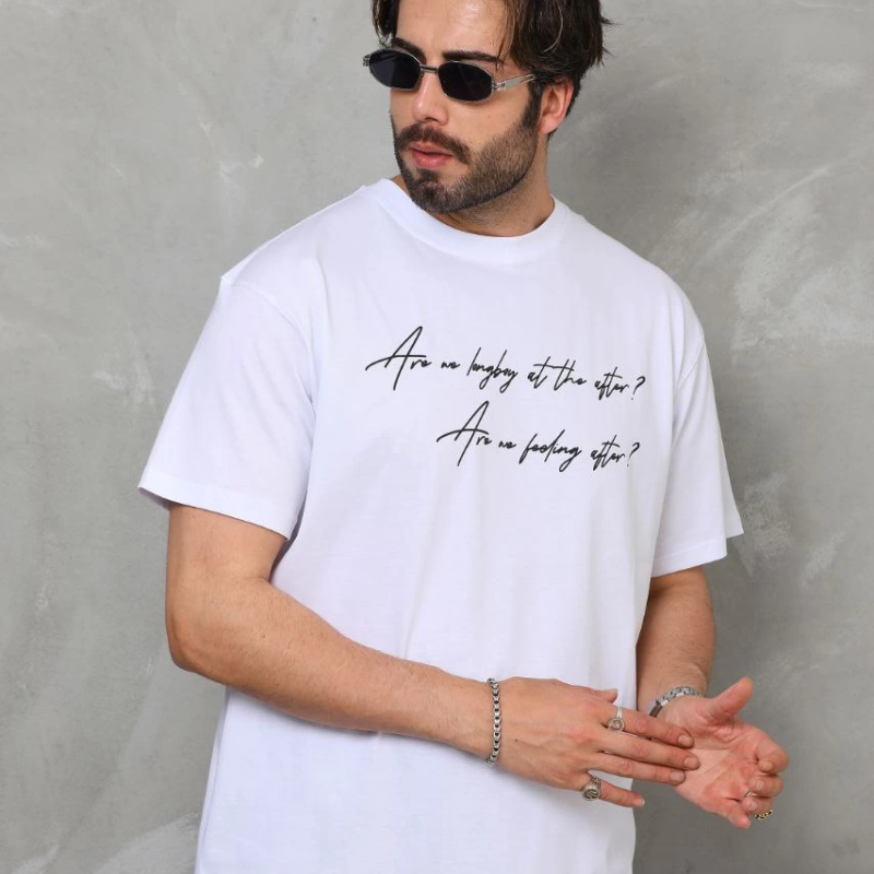 Bisiklet Yaka Baskılı Oversize T-Shirt - Beyaz