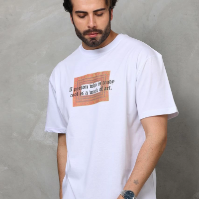 Bisiklet Yaka Baskılı Oversize T-Shirt - Beyaz -