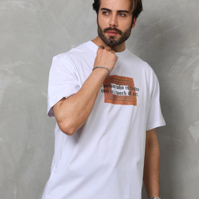 Bisiklet Yaka Baskılı Oversize T-Shirt - Beyaz -